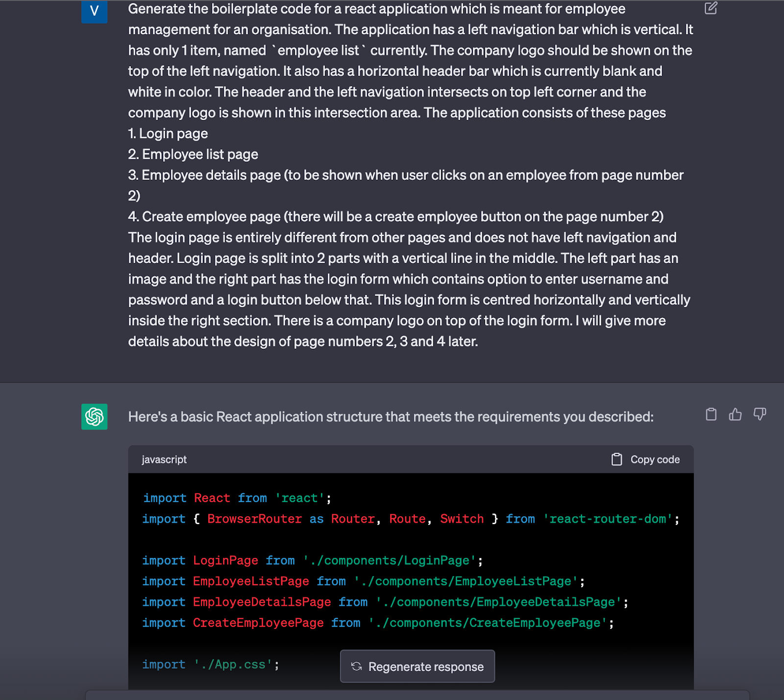 Prompt and response for the basic layout in react