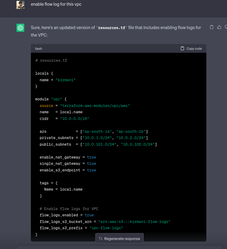 ChatGPT’s assistance in enabling flow-log-feature VPC